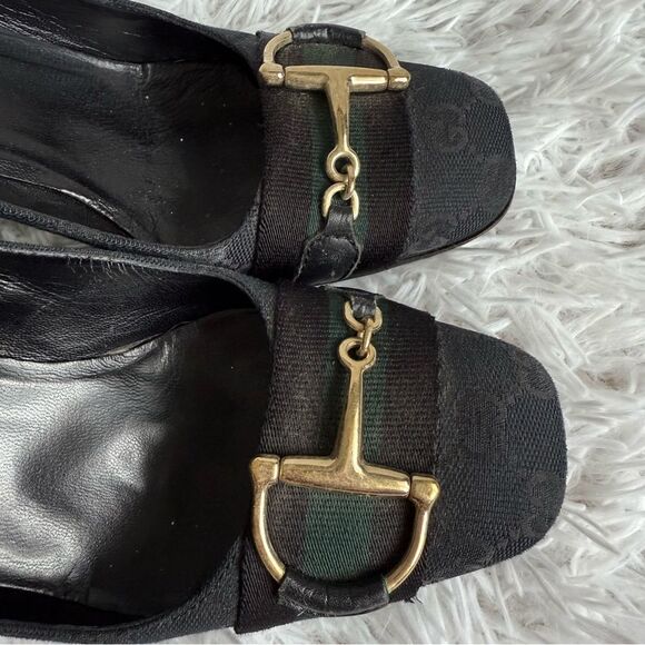 Vintage Y2K Gucci Black GG Web Block Heel Pumps with Gold Horsebit Size 8 - Picture 11 of 12